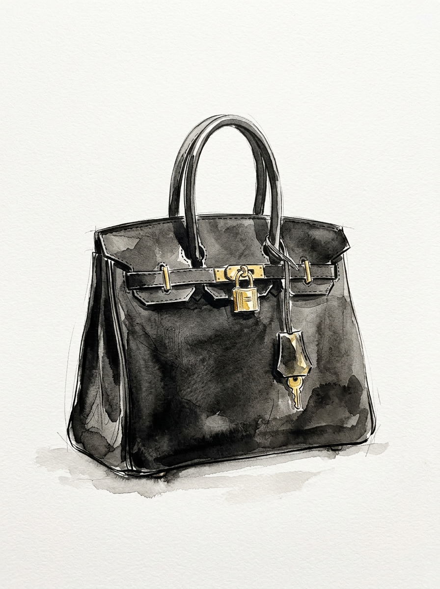 Watercolour illustration of a black Birkin bag with gold hardware