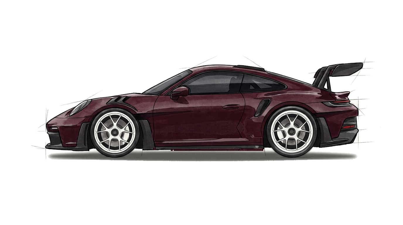 Watercolour illustration of a clean burgundy sports coupe