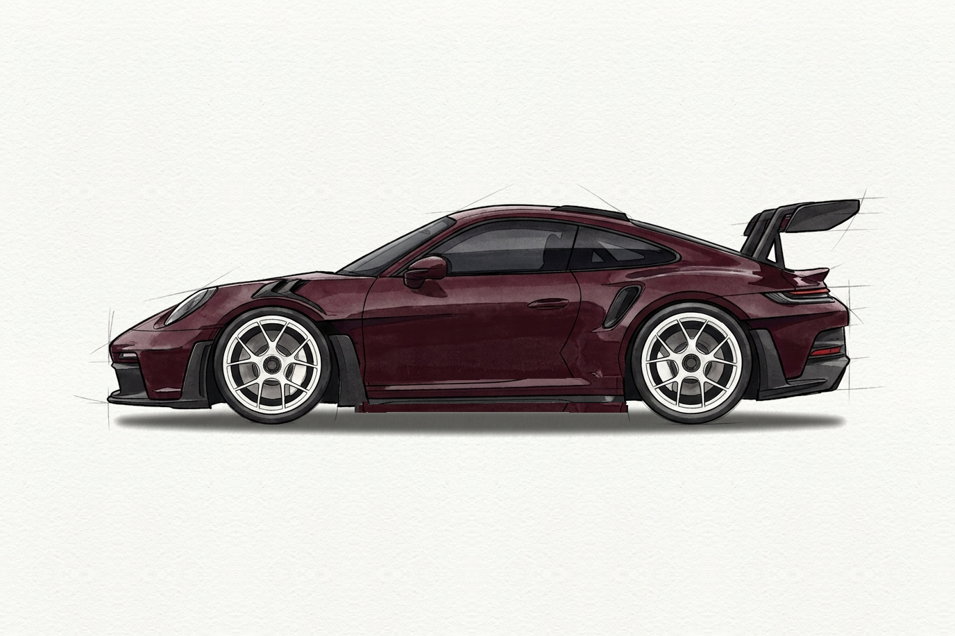 Watercolour illustration of a clean burgundy sports coupe
