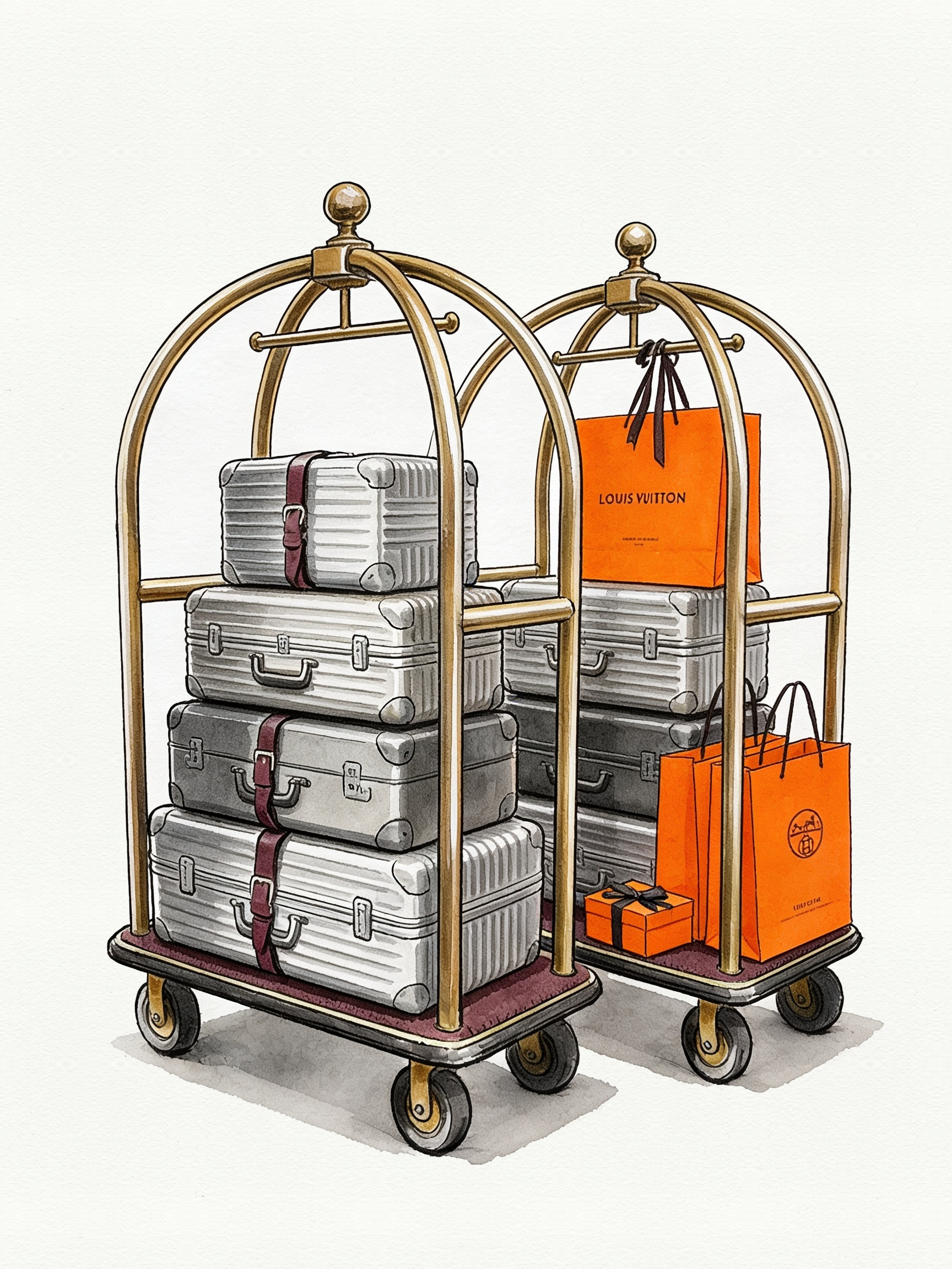 Watercolour illustration of two gold bell carts stacked with aluminium suitcases