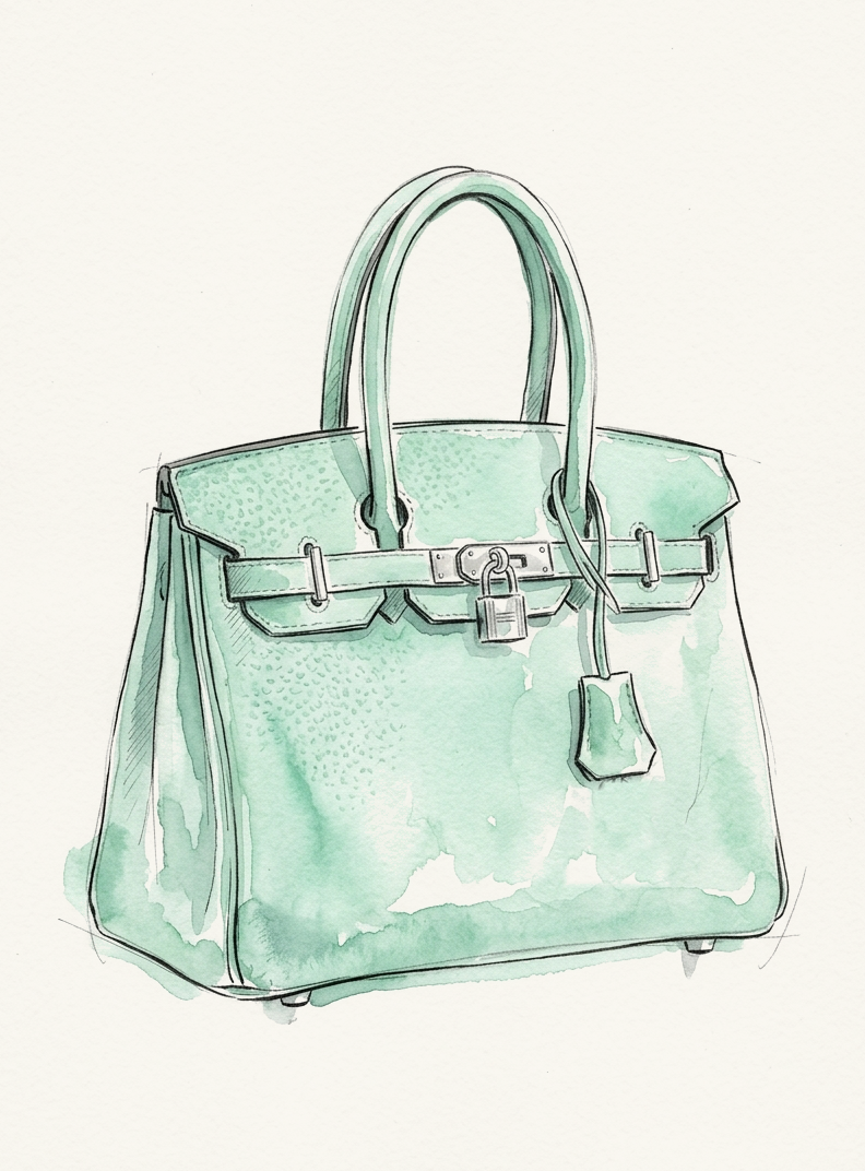 Watercolour illustration of a mint green Birkin bag with palladium hardware