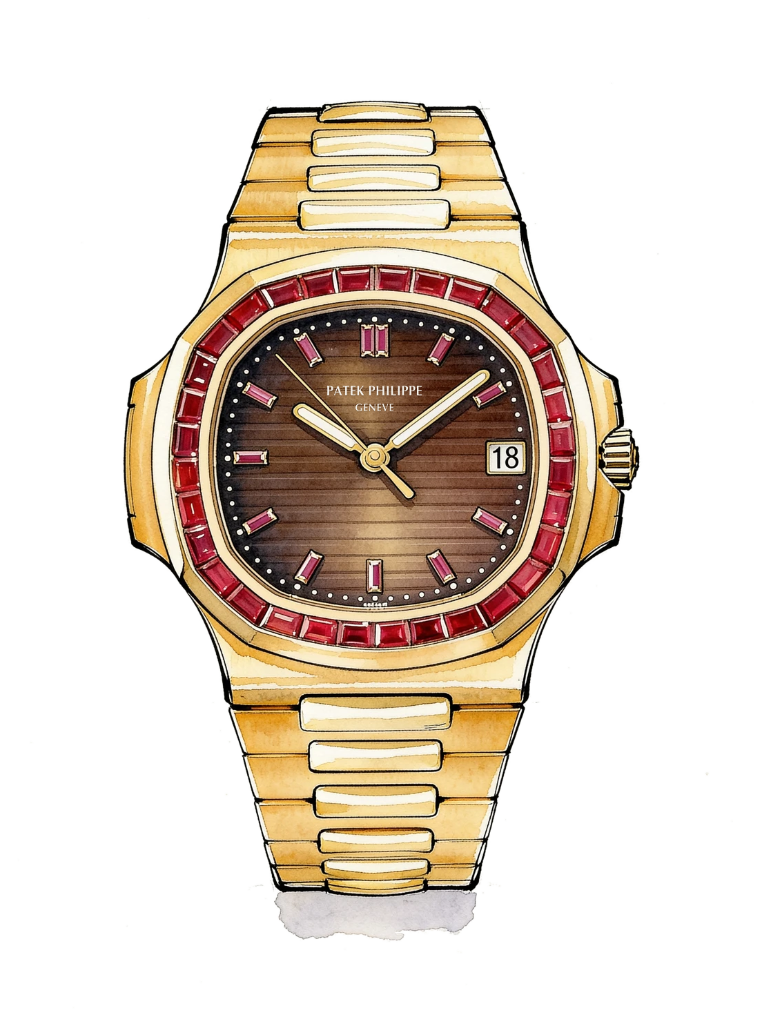 Watercolour illustration of a rose-gold Patek Philippe Nautilus with a ruby bezel
