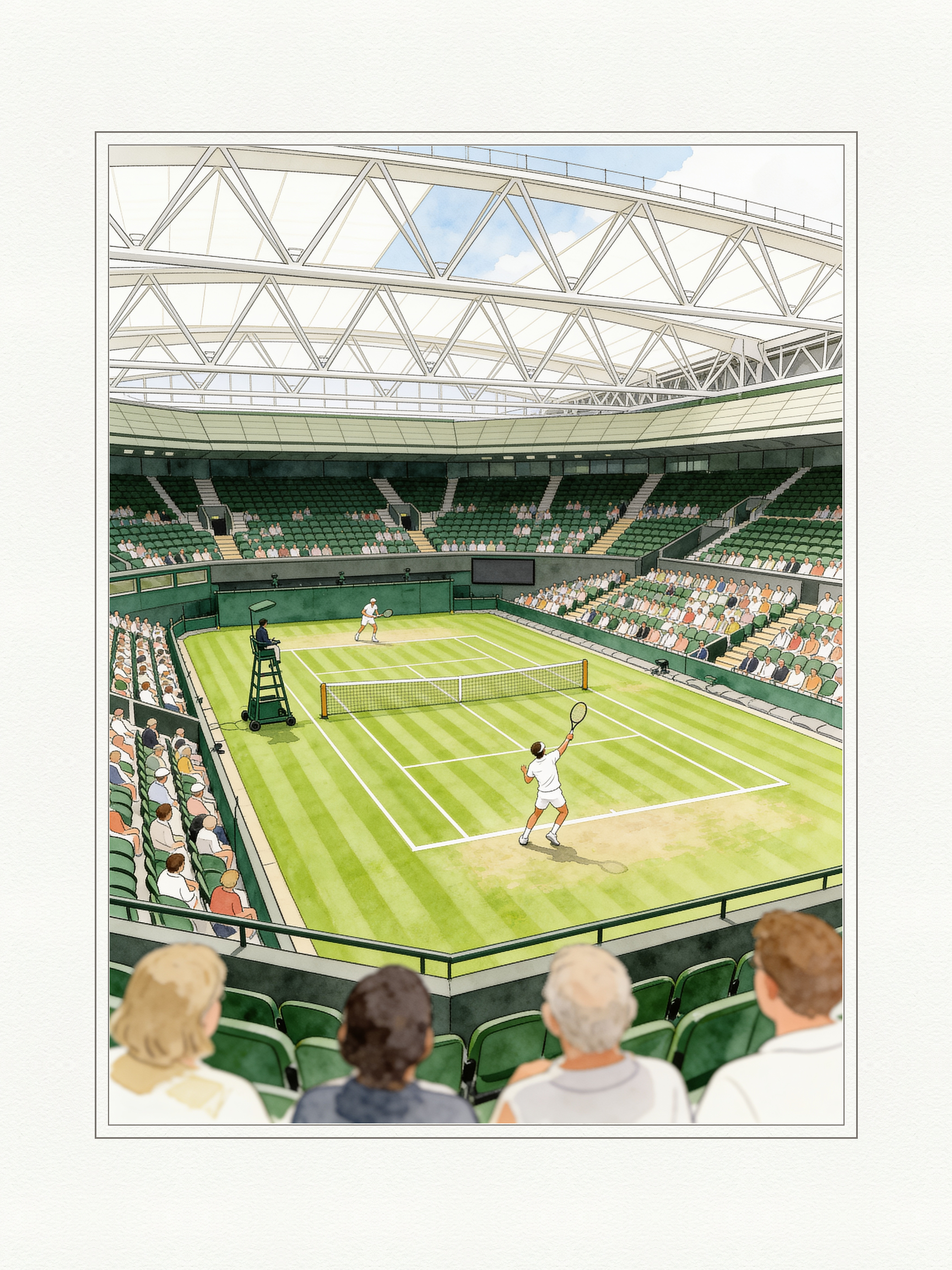 Watercolour illustration of a grass-court tennis stadium seen from the stands