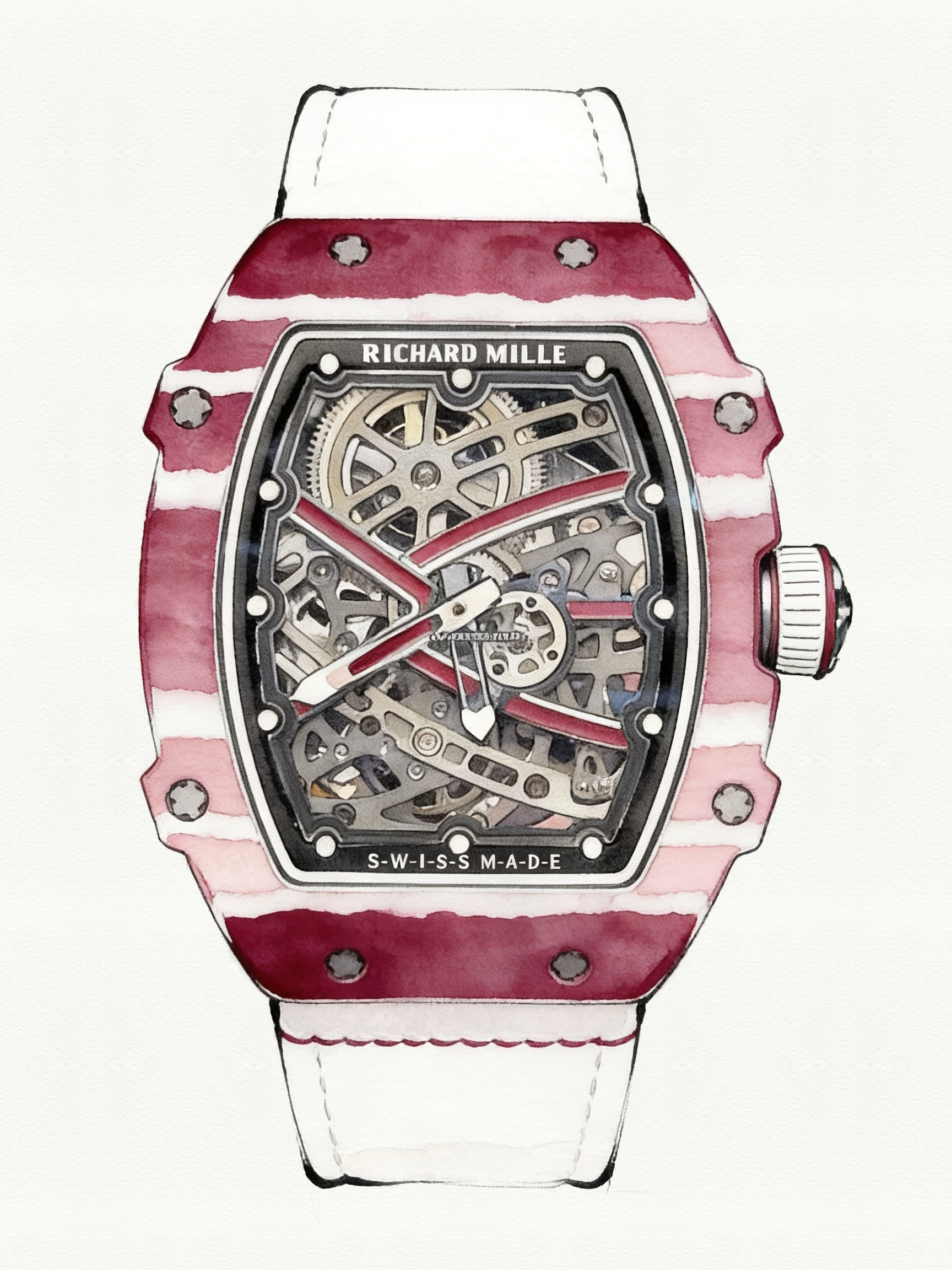 Watercolour illustration of a burgundy tonneau-cased skeleton wristwatch