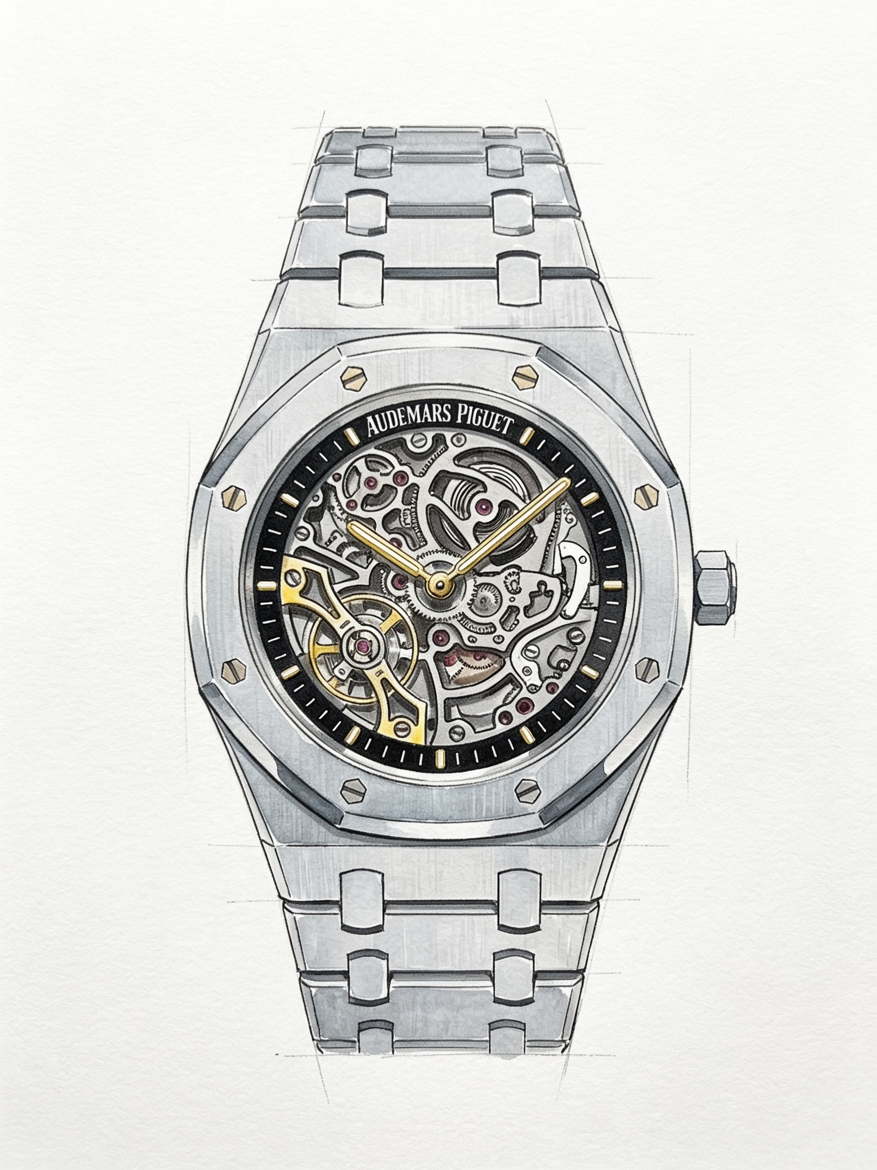Watercolor illustration of a skeleton steel sports watch