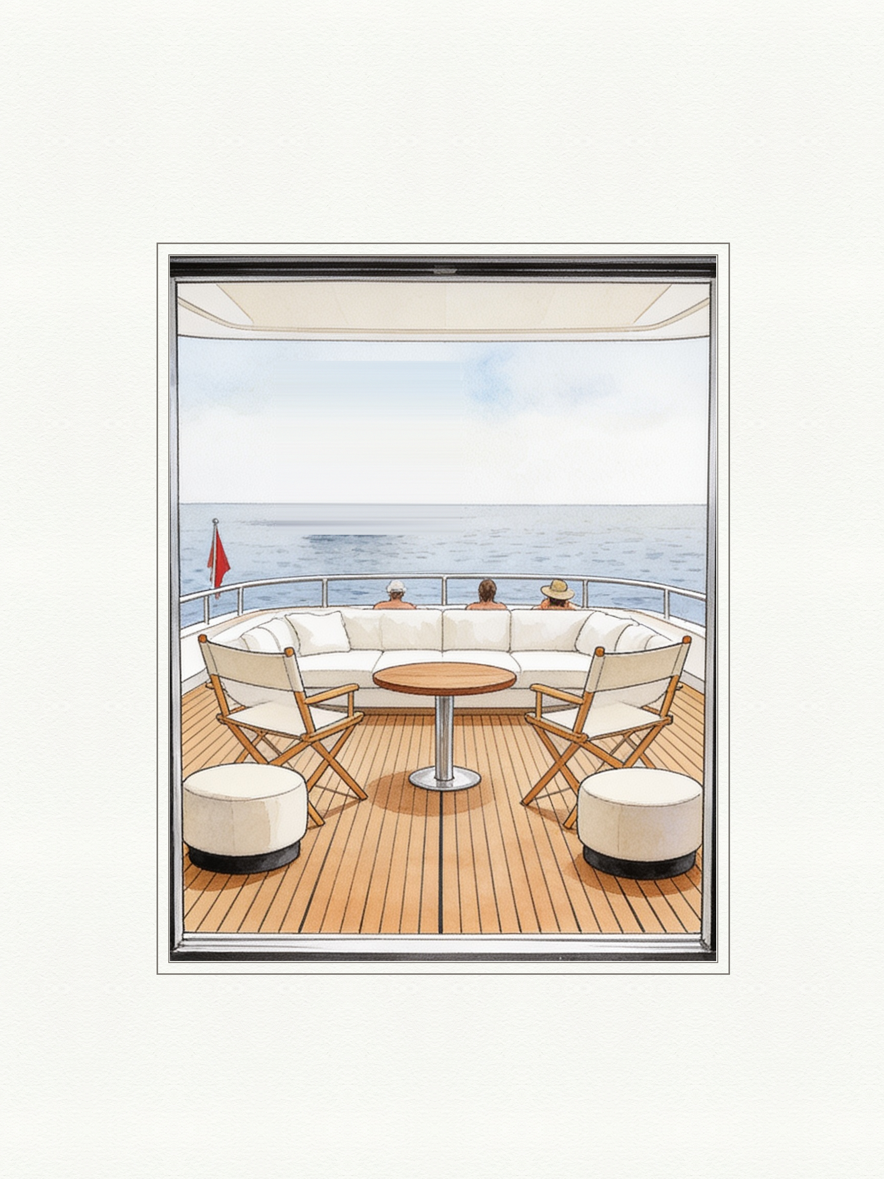 Watercolour illustration of a superyacht aft deck seen through an open saloon doorway